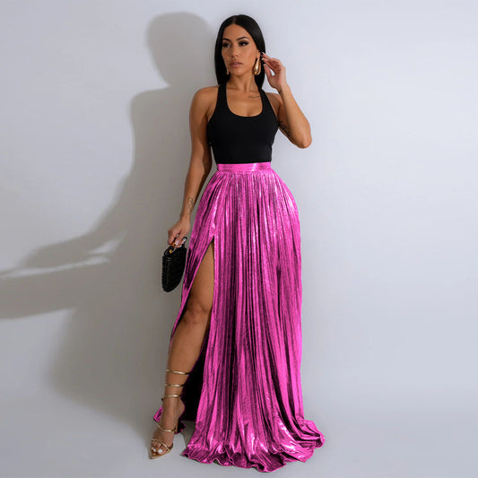 Graceful Fashionable Skirt Solid Color High Waist Pleated Split Dress Women