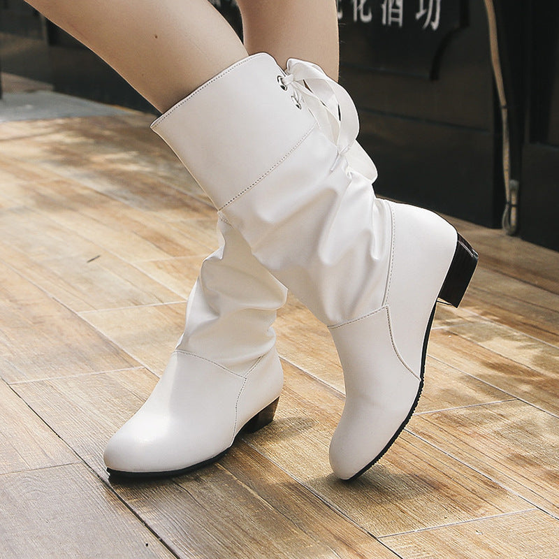 Autumn Winter Knight Boots Low Heel round Head Slingback Warm Mid Calf Boots for Women