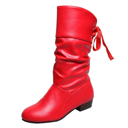 Autumn Winter Knight Boots Low Heel round Head Slingback Warm Mid Calf Boots for Women