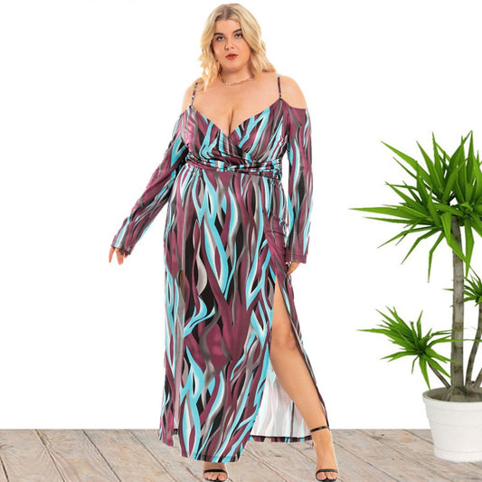 Plus Size Women Clothing Sexy Slit V neck off Shoulder Dress