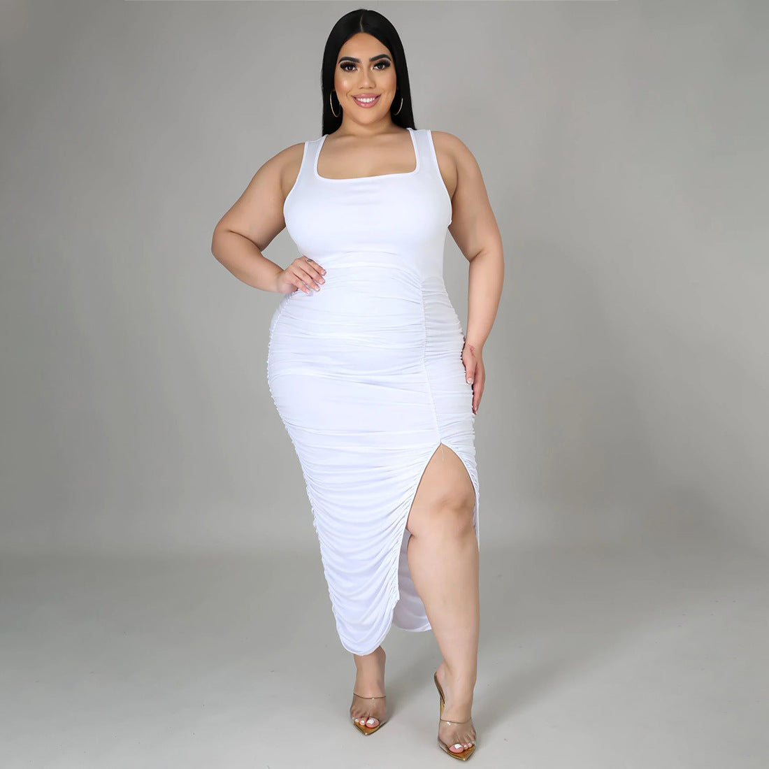 Plus Size Summer Solid Color Sleeveless Slim Fit Fold Split Dress