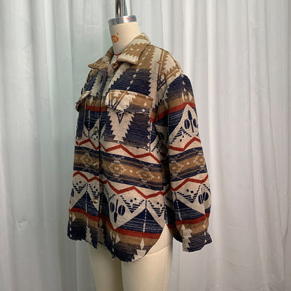 Autumn Winter Aztec Jacket Thick Retro Aztec Printed Woolen Coat