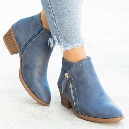 Short Tube Side Zipper round Toe Boots Women Suede Thick Heel Thin Martin Boots