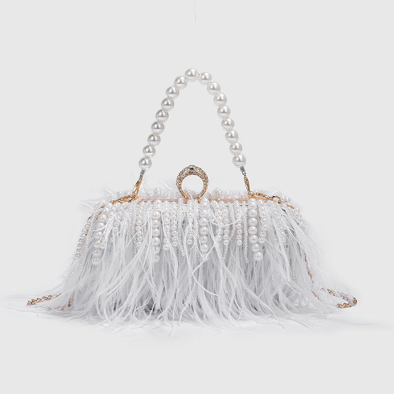 Ostrich Feather Ring Box Bag Women Pearl Chain Crossbody Single Shoulder Fluff Women Bag