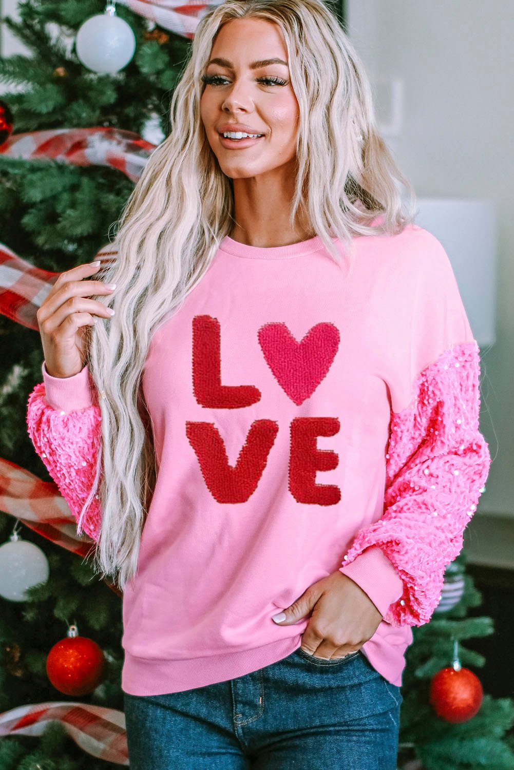 Women Clothing Valentine Day Sequined Sleeves All Match Top Sweet Long Sleeve Sweatshirt for Women