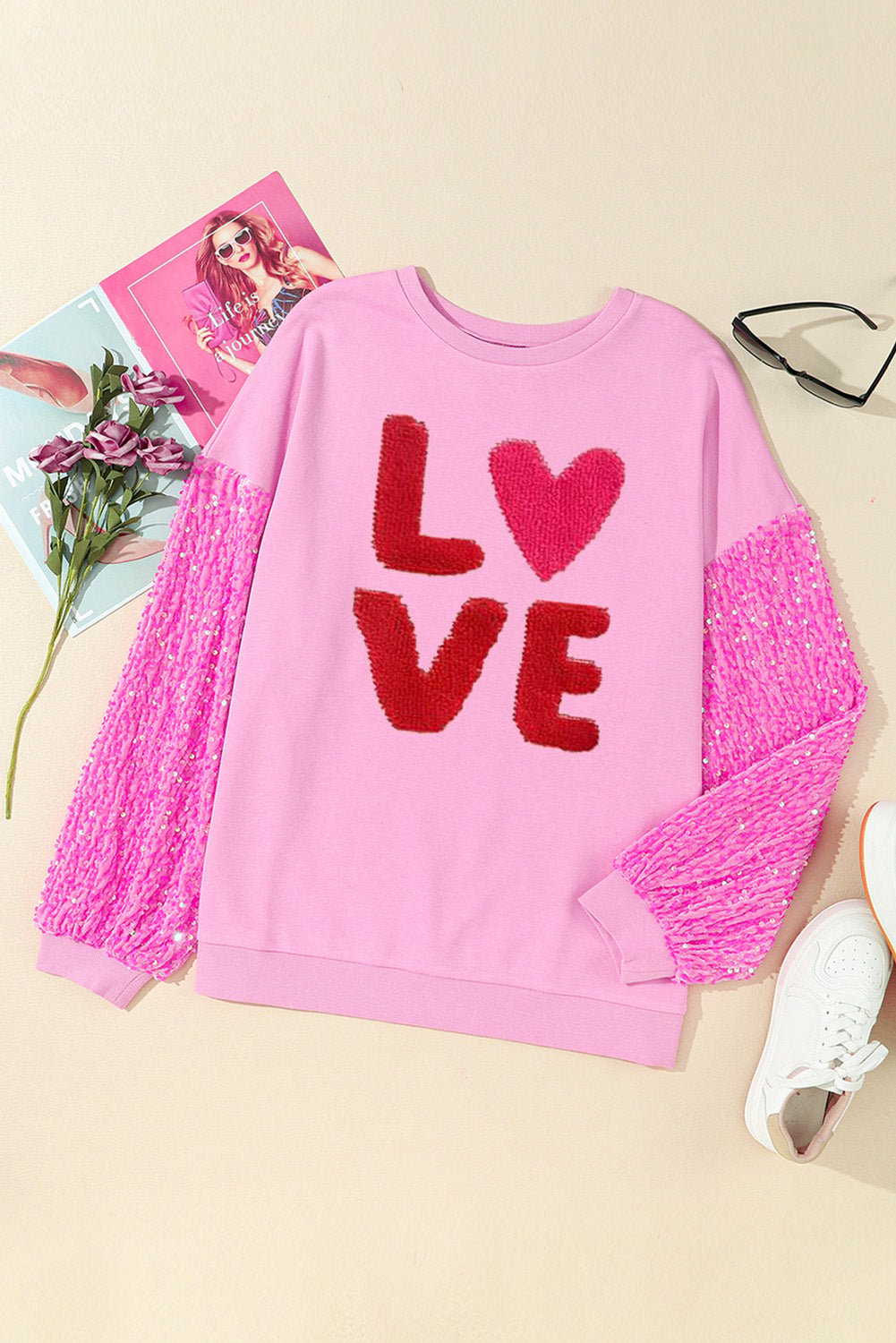 Women Clothing Valentine Day Sequined Sleeves All Match Top Sweet Long Sleeve Sweatshirt for Women