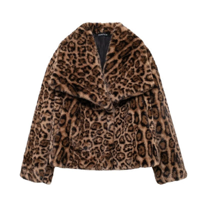 Women Clothing Autumn Winter Artificial Fur Effect Short Coat Leopard Print