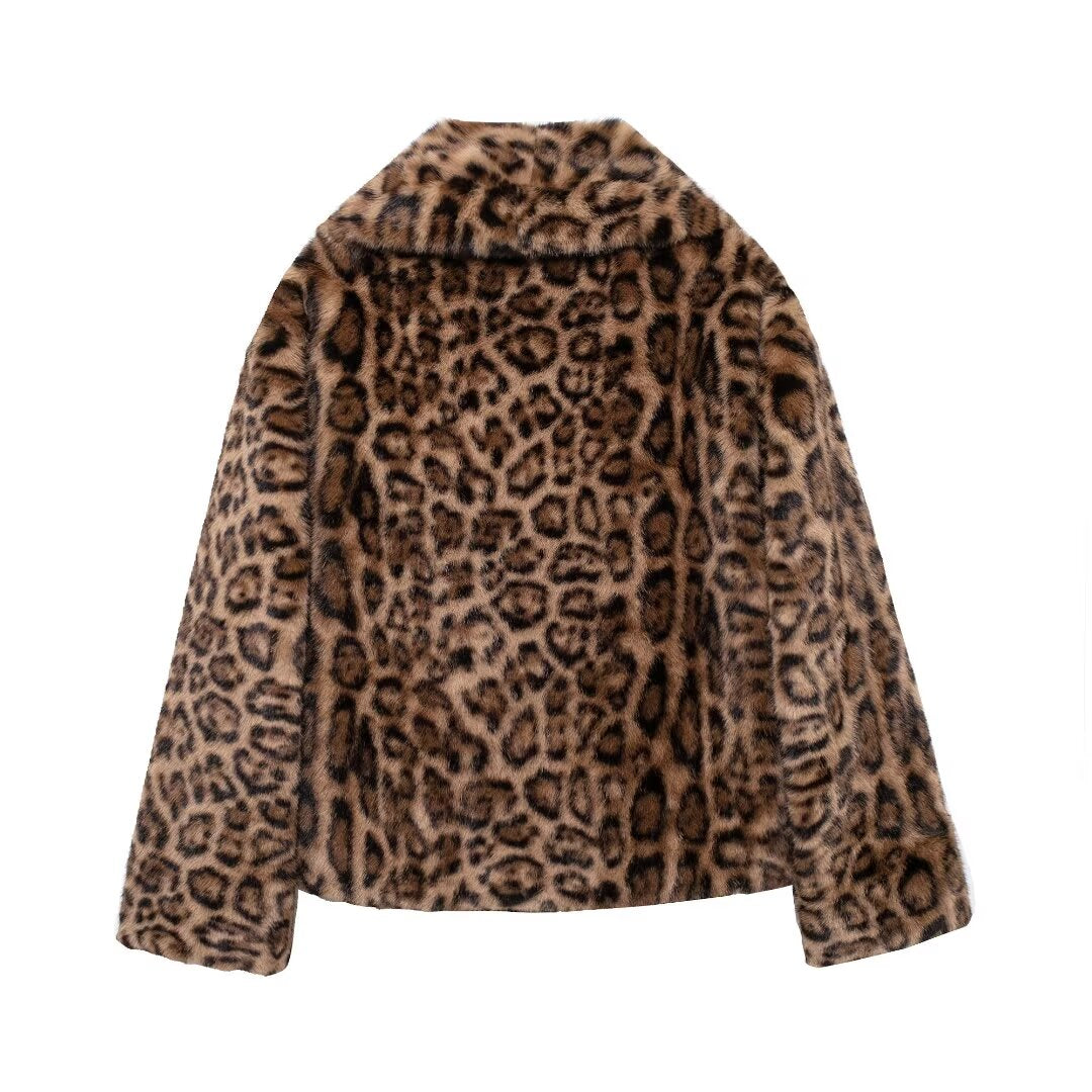 Women Clothing Autumn Winter Artificial Fur Effect Short Coat Leopard Print