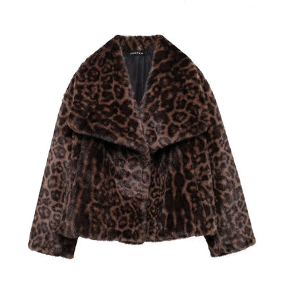 Women Clothing Autumn Winter Artificial Fur Effect Short Coat Leopard Print