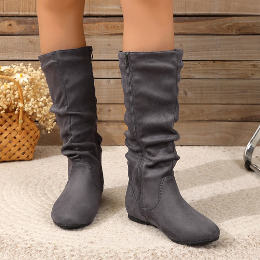 Leopard Print Flat Bottom Height Increasing ole Mid Calf Boots Women Retro round Toe Suede Boots