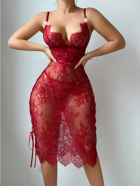 Lace Hollow Out Cutout Red Sexy Topless Sheath Sexy Lingerie Dress Women