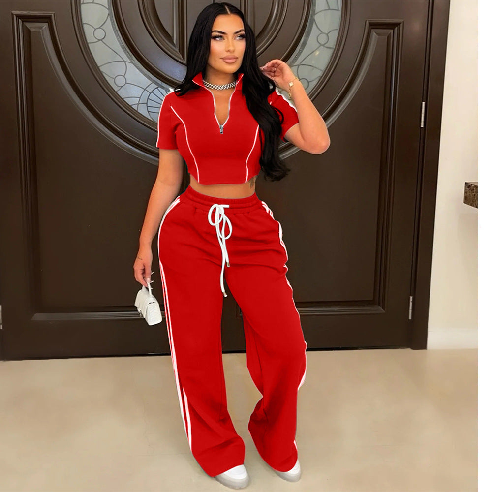 Casual Two Piece Set Women Zipper T shirt Shory Top with Loose Trousers