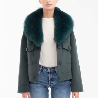 Winter Women Clothing Fashionable Elegant Pocket Decoration Detachable Fur Collar Woolen Coat