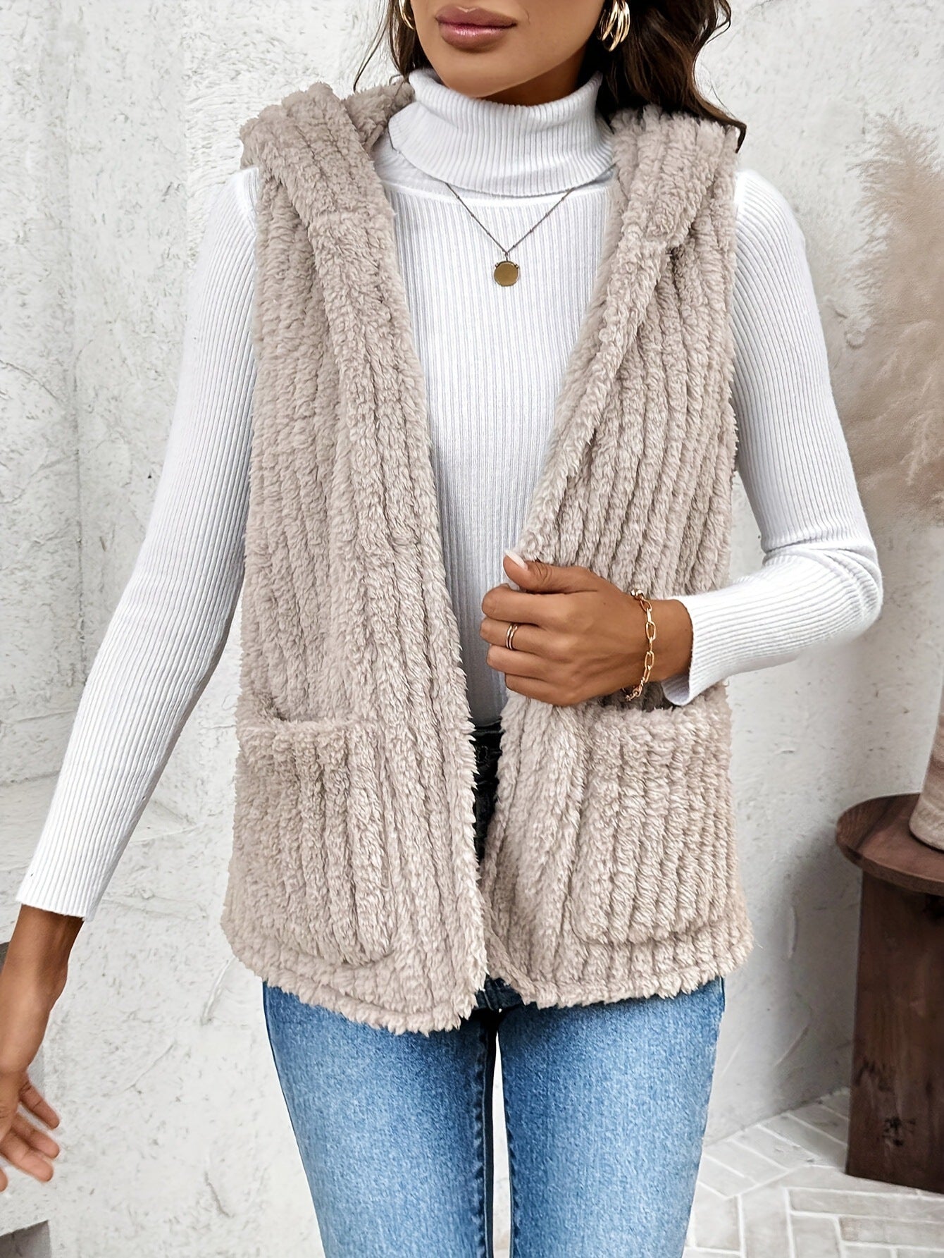 Popular Double Sided Plush Hooded Cardigan Vest Casual Coat Women