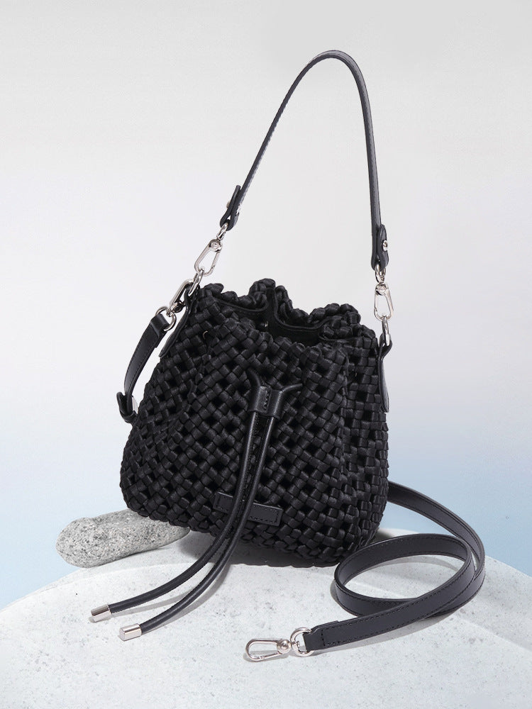 Silk Woven Bucket Bag Trendy Hand Carrying Bag High Grade Mini Casual Shoulder Messenger Bag