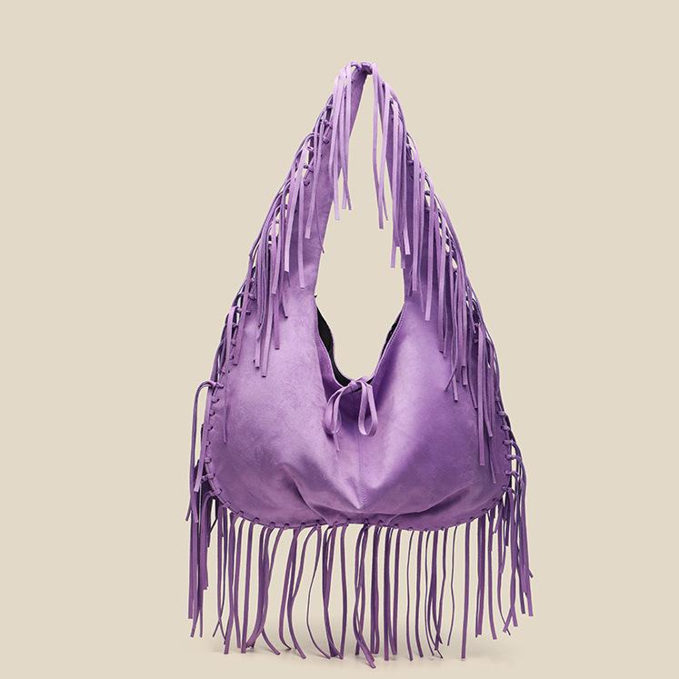 Tassel Large Capacity Tote Crescent Trendy One Shoulder Women Bag Casual Simple Crossbody Suede Retro Dumpling Bag