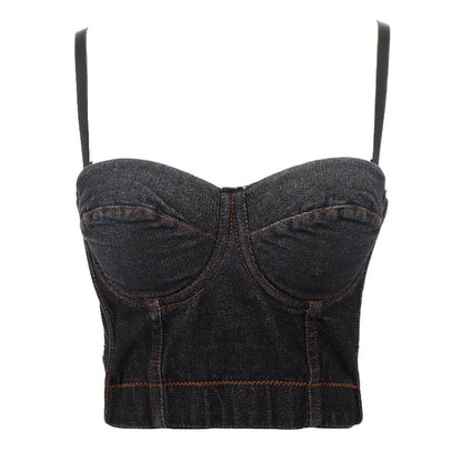 Boning Corset Denim Camisole Women's Summer Short Slim Fit Sexy Backless Inner Wear Base Tube Top Underwear Outer Wear