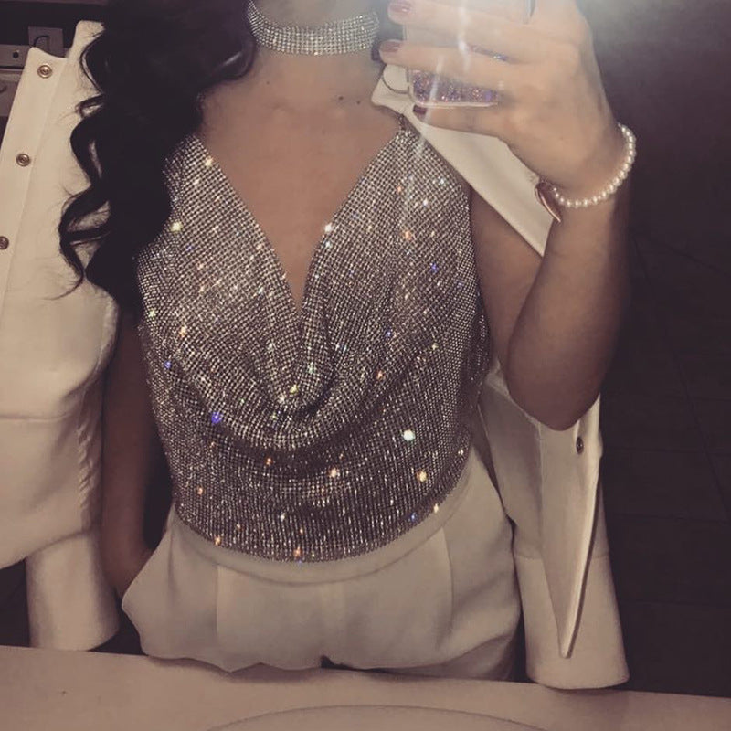 Women Clothing Rhinestone Rhinestone Vest Sexy Party Nightclub Sexy Suit Rhinestone Top Sling