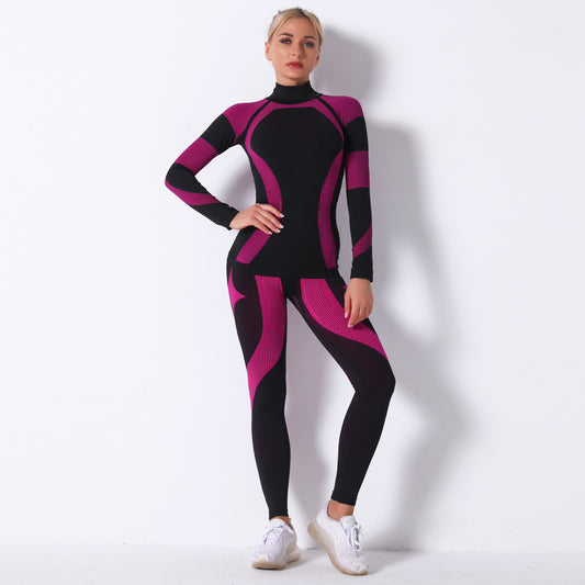 Spot Seamless Knitted Striped Sports Yoga Long Sleeve Workout Clothes Sweat-Absorbent Outdoor Sports Yoga Suit