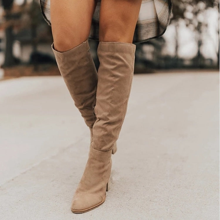 Plus Size Long Boots Women Suede Chunky Heel Pointed Toe Side Zip Solid Color Knight Boots