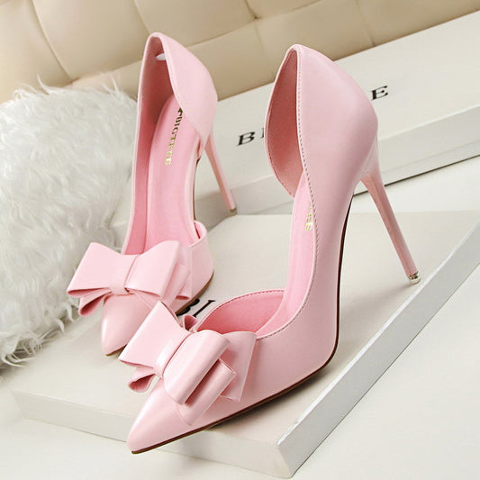 Fashionable Sweet Bowknot High Heels Stiletto Heel Shallow Mouth Pointed Toe Side Hollow Out Cutout out Pumps