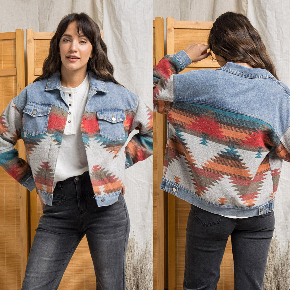 Long Sleeve Collared Loose Denim Patchwork Wool Coat Women Aztec Vintage Jacket