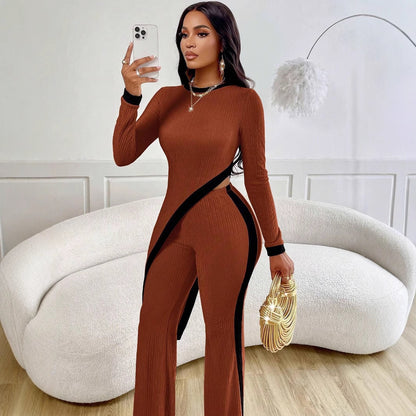 Fall Women Clothing Long Sleeve Contrast Color Split T shirt Stitching Trousers Two Piece Sets Women