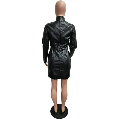 Women Clothing Spring Solid Color Faux Leather Long Sleeve Pocket Zipper Dress