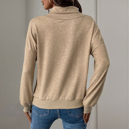 Casual Sweatshirt Pleating Button Solid Color Stand Collar Sweatshirt Women