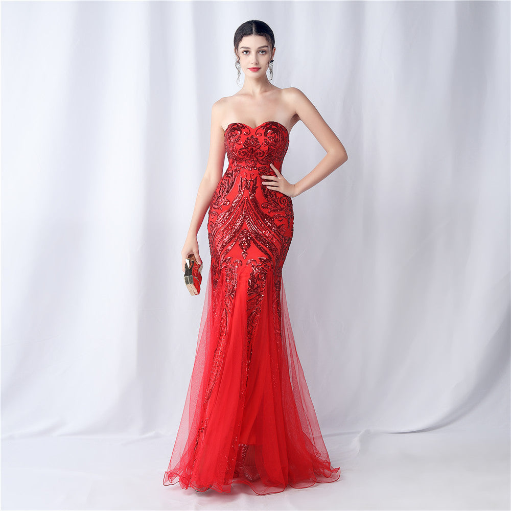 Floral Cutting Mesh Sequin Wedding Dinner Toast Annual Party Evening Dress