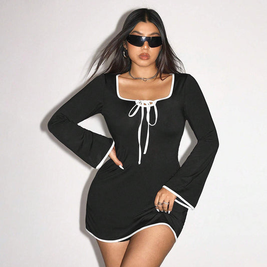 Plus Size Women Clothing Sexy Sweet Spicy Dress Autumn Winter Square Collar Bell Sleeve with Contrast Color