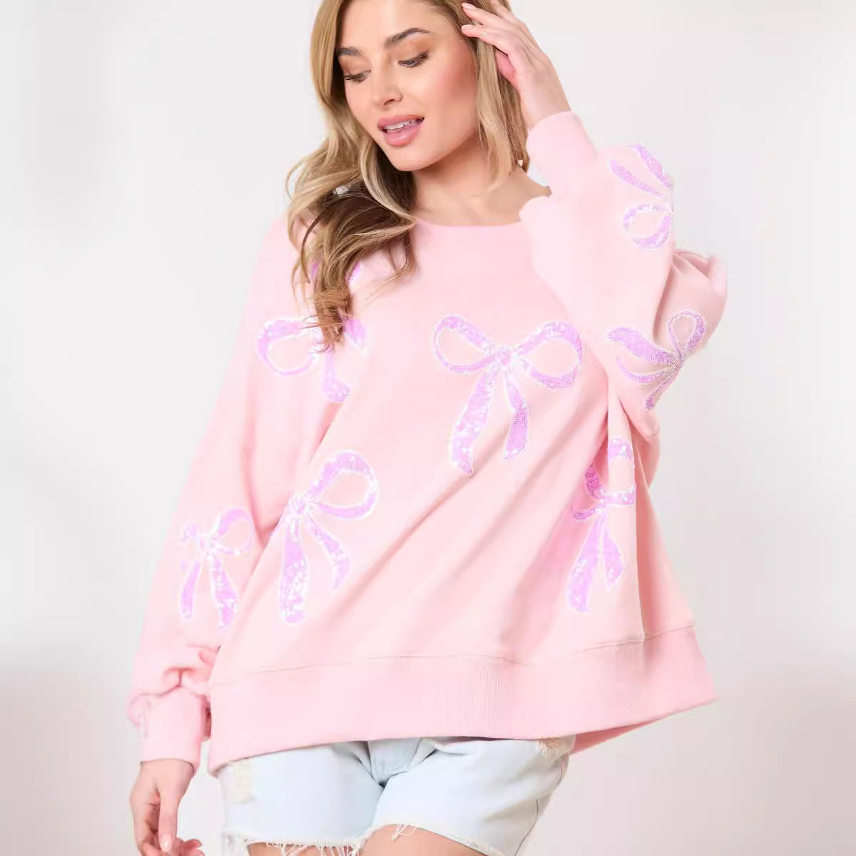 Fresh Sweet Loose Pullover Bow Ribbon Sequined round Neck Sweatshirt for Women