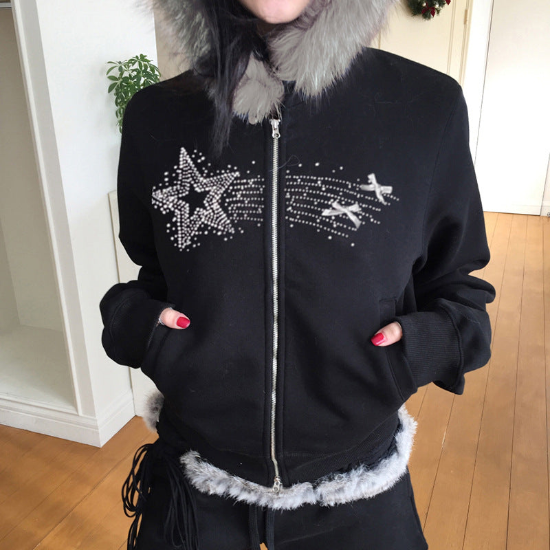 Retro Five Pointed Star Element Printing Fur Collar Coat Slim Pocket Stitching Double Headed Zipper Autumn Winter Sweatshirt