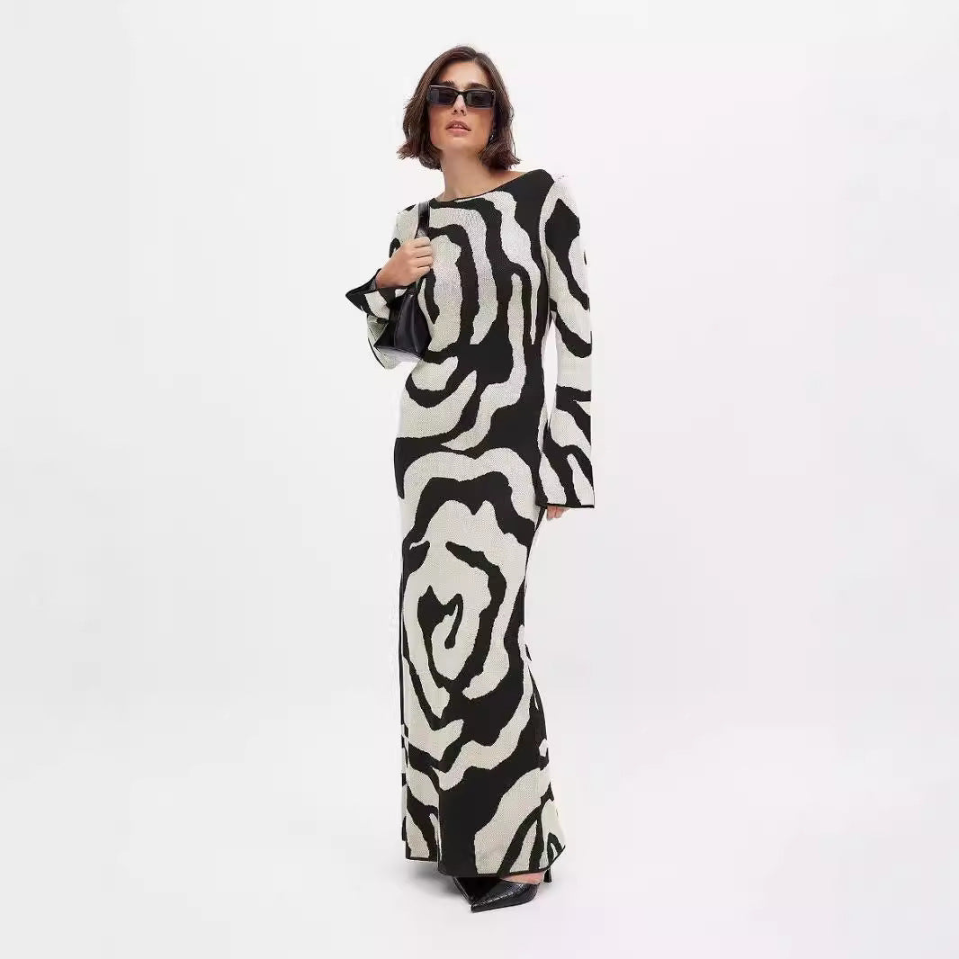 Autumn Winter Women Clothing Elegant Printed Long Sleeve Dress Animal A Long Sweater Dress