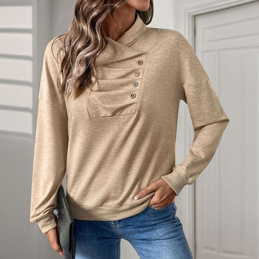 Casual Sweatshirt Pleating Button Solid Color Stand Collar Sweatshirt Women