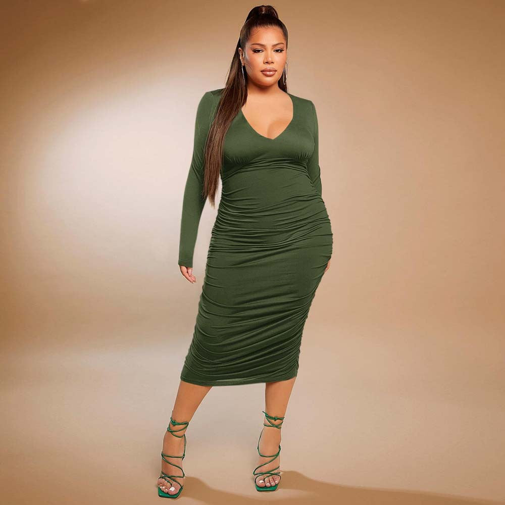 Plus Size Women Clothing Sexy V neck Dress Autumn Winter High Waist Ruched Slim Fit Pencil