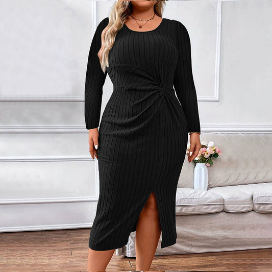 Plus Size Women Elegant Elegant Dress Autumn Winter Pleated Design Dress