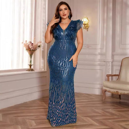 Plus Size Clothes Deep V Plunge Sequined Evening Dress Cocktail Slim Long Party Dress