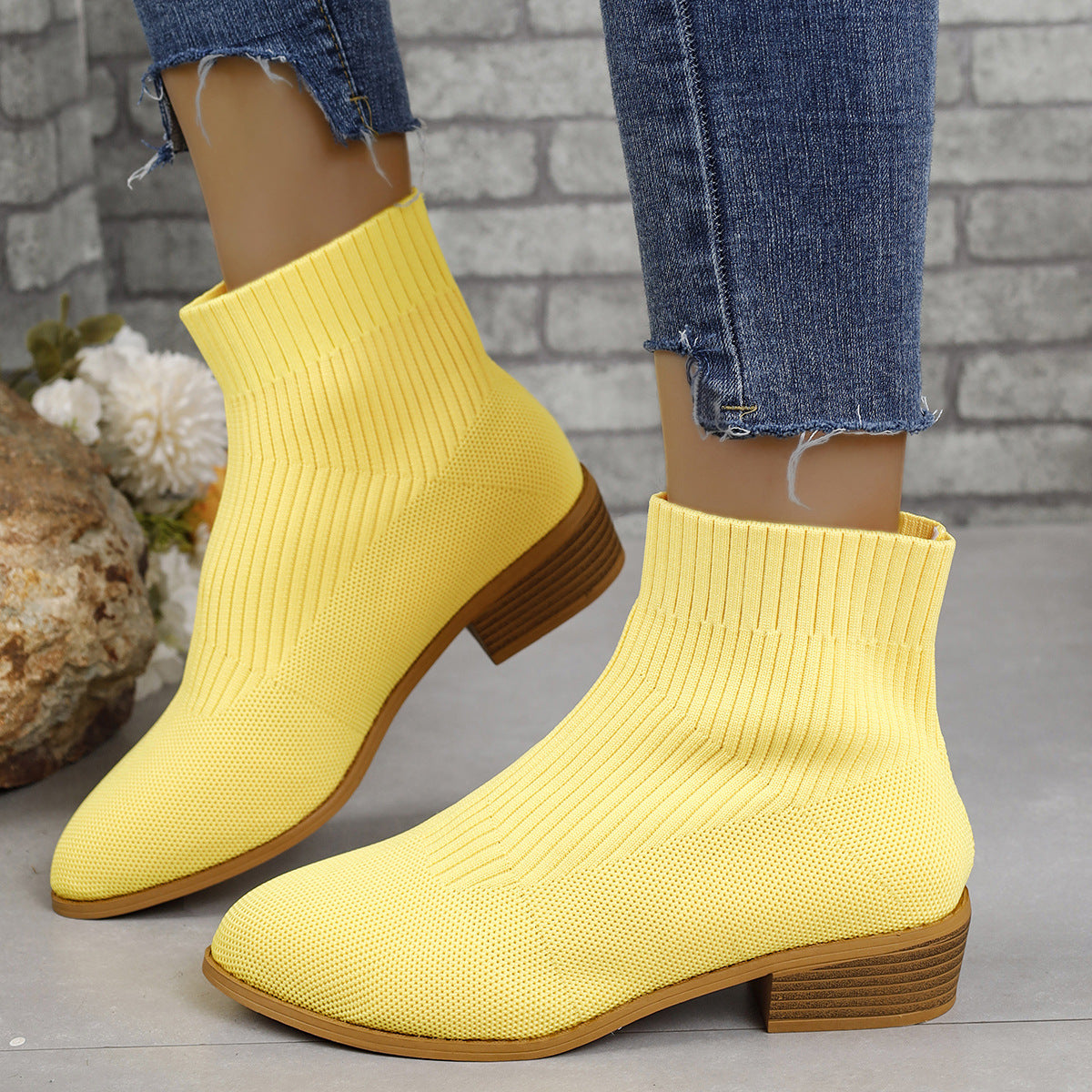 Pointed Toe Short Tube Martin Boots Women Sleeve Chunky Heel Mid Heel Mesh Breathable Socks Boots