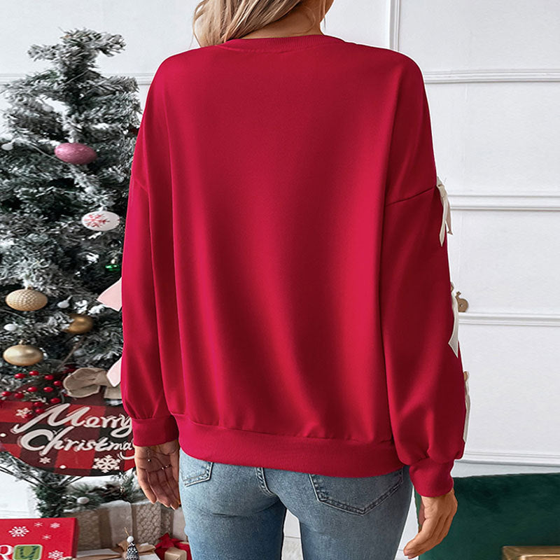 Autumn Winter Top Round Neck Bowknot Red Christmas Sweatshirt for Women