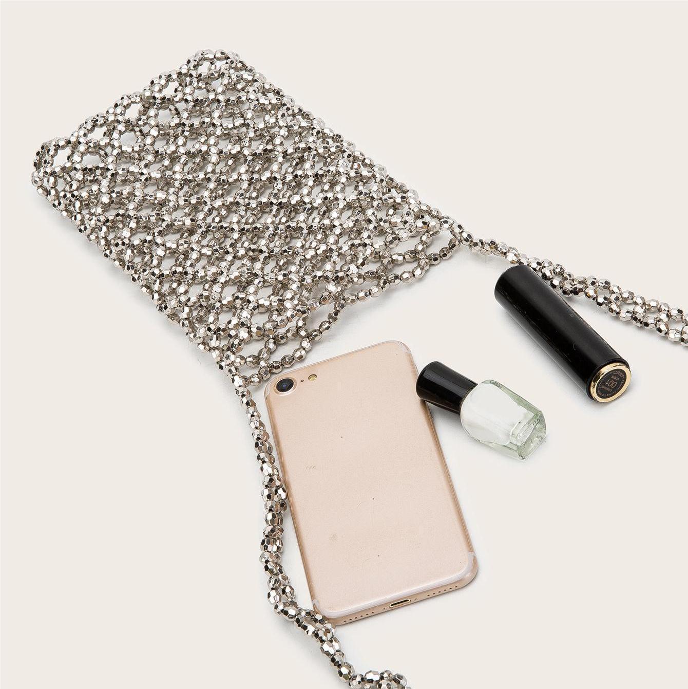 Summer Silver Electroplated Acrylic Hand Woven Beads Hollow Out Cutout Bag Trend Phone Crossbody Bag