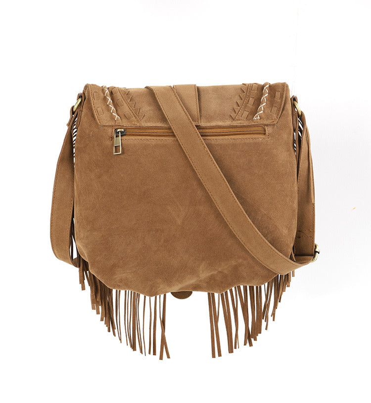 Double Sided Suede Handmade Large Capacity Tassel Bag Women Retro Khaki Ethnic Messenger Bag