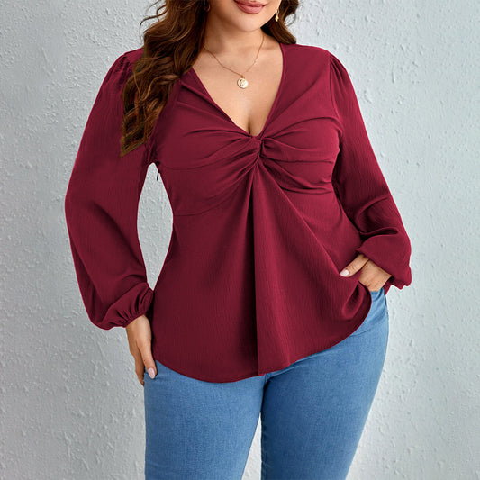 Plus Size Women Clothing Adult Lady like Woman Lady V neck T shirt Autumn Winter Younger Wine Red Top