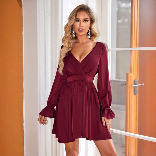 Women Deep V Plunge neck Dress Wedding Guest Casual Pleated Long Sleeve Lace up Backless Dress