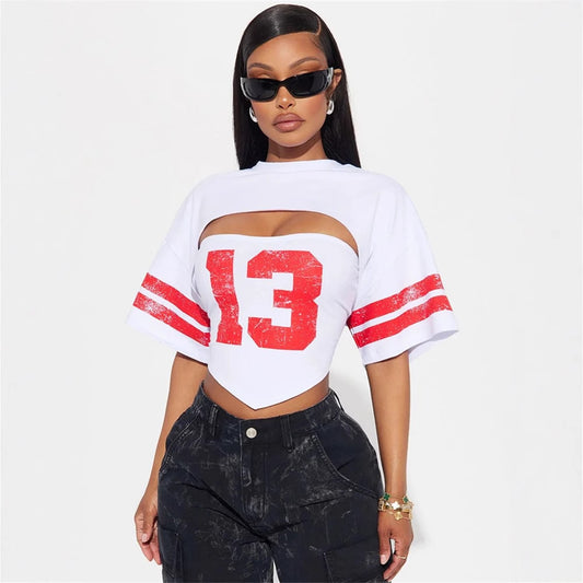 Autumn Casual Loose Sports Printed Tube Top Sexy Pullover Short Sleeve Top T shirt for Women