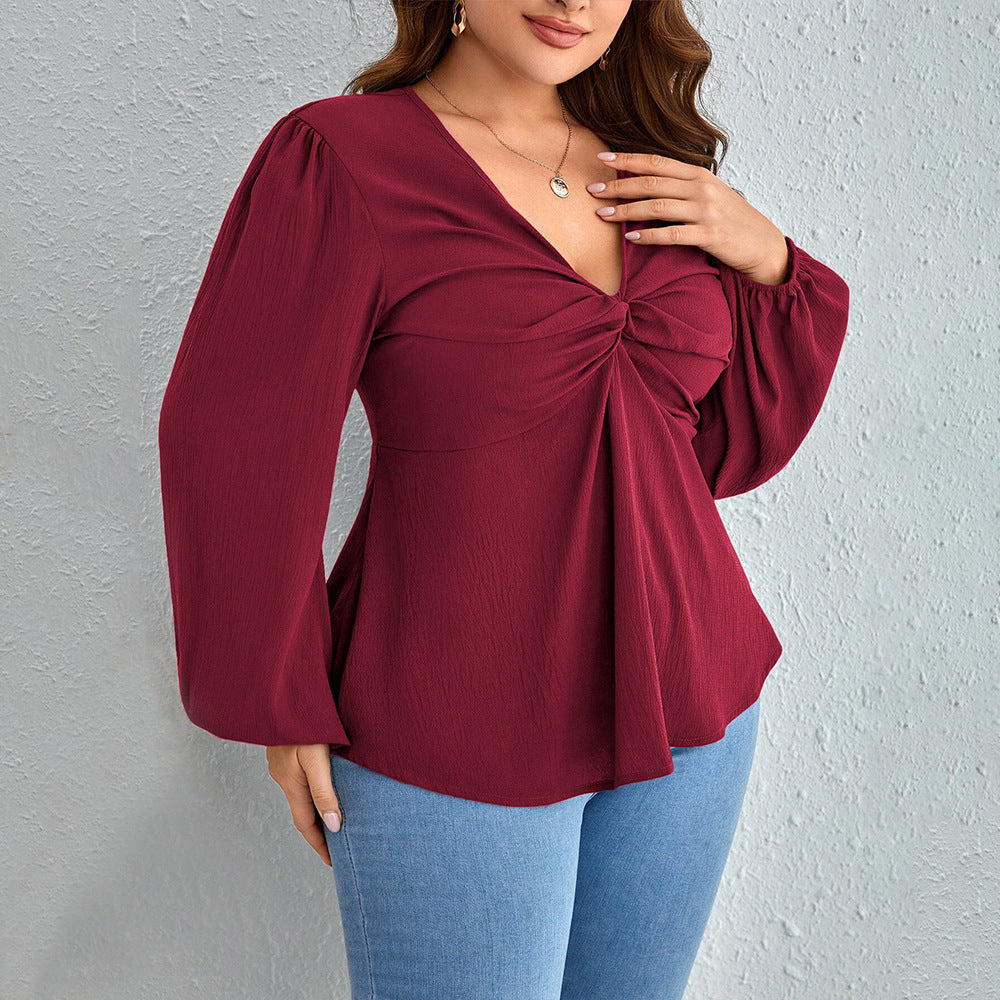 Plus Size Women Clothing Adult Lady like Woman Lady V neck T shirt Autumn Winter Younger Wine Red Top