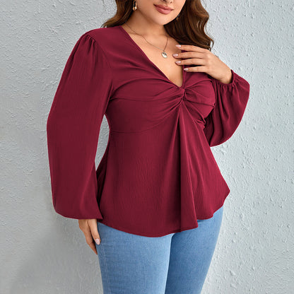 Plus Size Women Clothing Adult Lady like Woman Lady V neck T shirt Autumn Winter Younger Wine Red Top