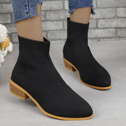 Pointed Toe Short Tube Martin Boots Women Sleeve Chunky Heel Mid Heel Mesh Breathable Socks Boots