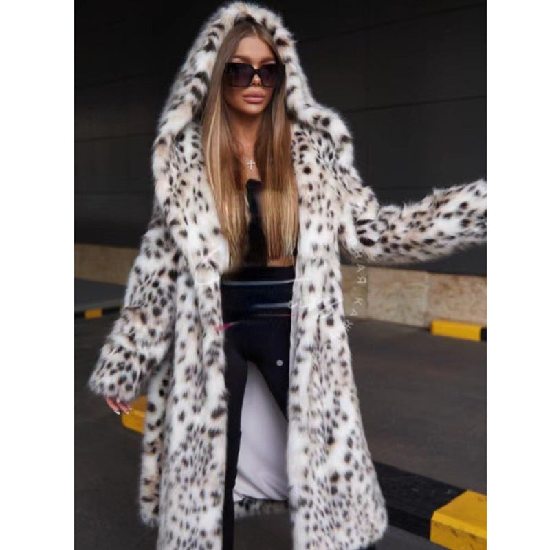 Women Leopard Print Faux Fur Coat Fox Fur Long Cut Coat Toka Wool Hooded Warm Winter Mink Velvet Trench Coat