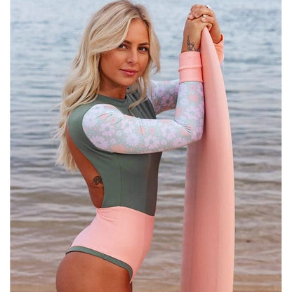 Swimwear Solid Color Printed Patchwork Long Sleeves Surfing Suit Sexy Open Back Swimsuit Women Swimsuit